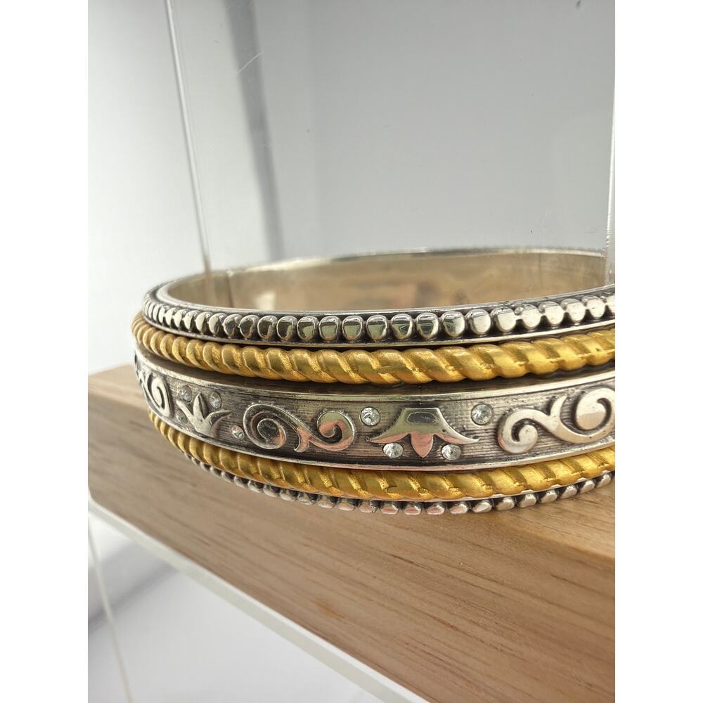 Vintage Brighton "Unity" Two Tone Embossed Silver Gold Rope Hinged Cuff Bracelet - Picture 2 of 5